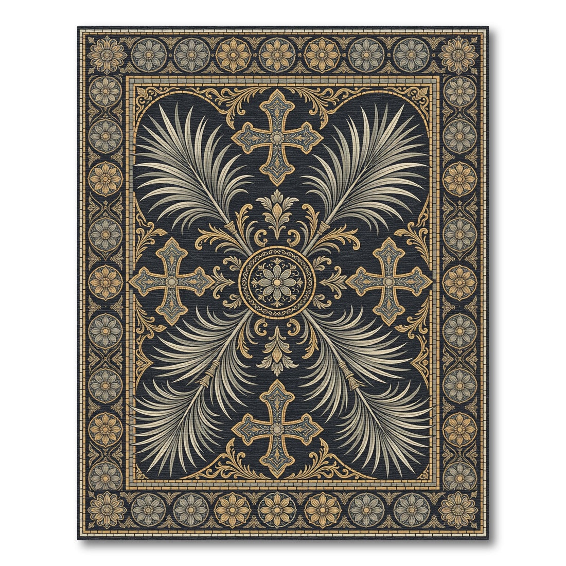Ornate Gold Cross and Palm Medallion Rug