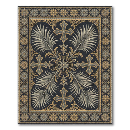 Ornate Gold Cross and Palm Medallion Rug