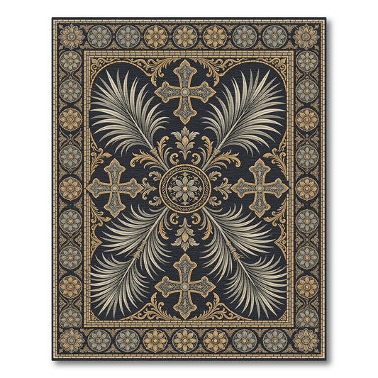 Ornate Gold Cross and Palm Medallion Rug
