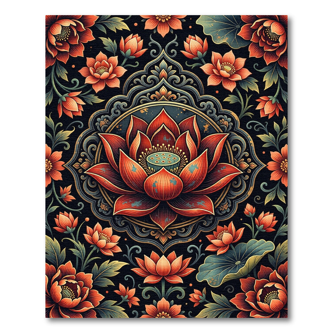 Ornate Crimson Lotus Mandala Floral Rug