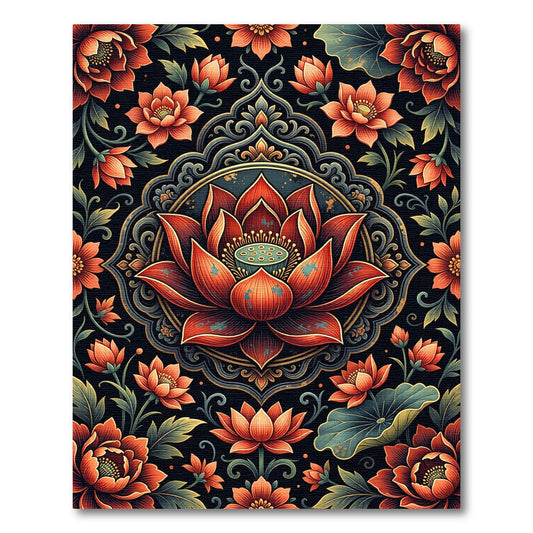 Ornate Crimson Lotus Mandala Floral Rug