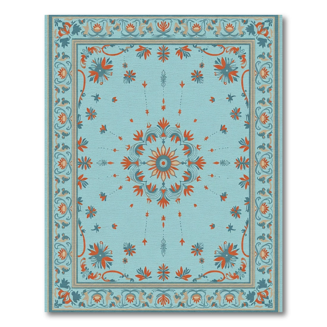 Aqua Orange Floral Medallion Border Rug