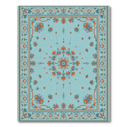 Aqua Orange Floral Medallion Border Rug