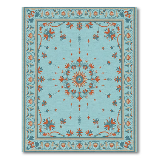 Aqua Orange Floral Medallion Border Rug