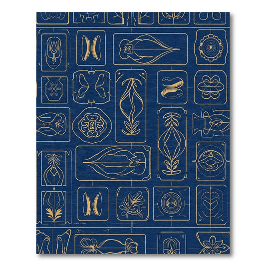 Navy Gold Art Deco Botanical Medallions Rug