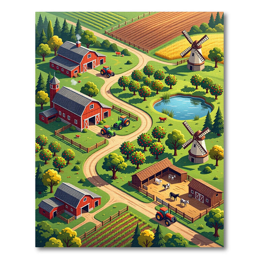 Vibrant Isometric Farm Barn Scene Rug