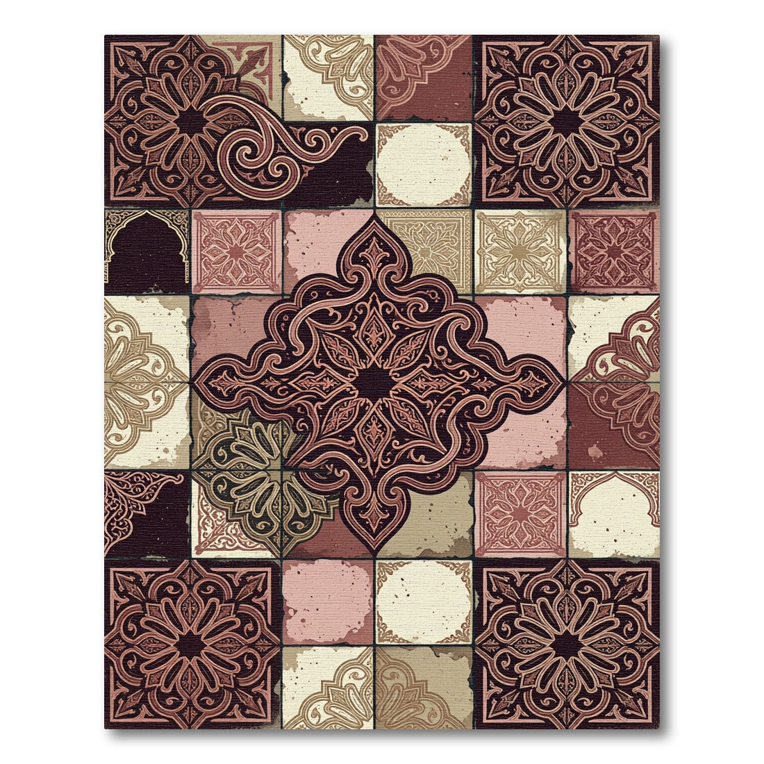Ornate Terracotta Damask Tile Medallion Rug