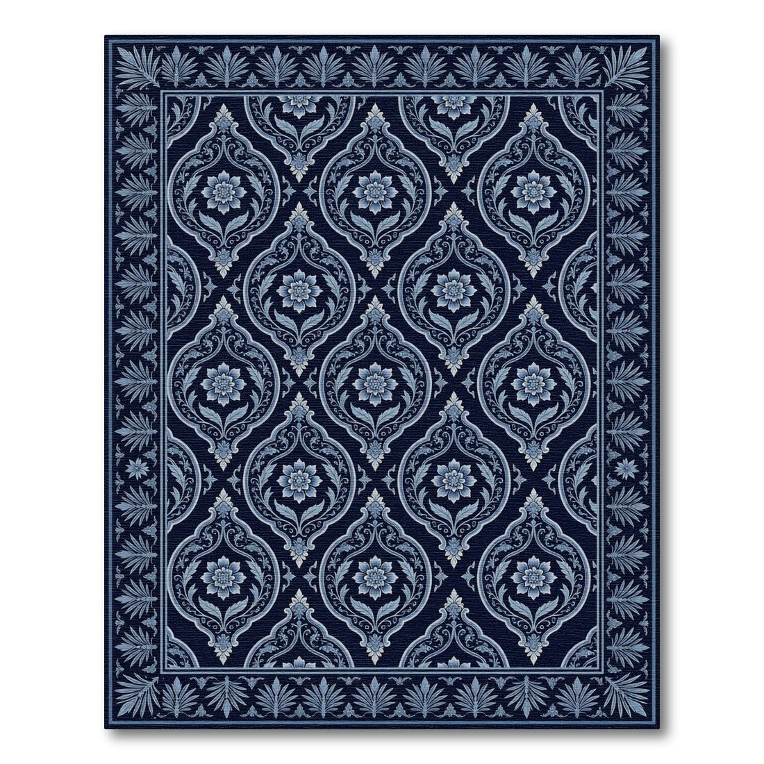 Deep Blue Floral Damask Border Rug
