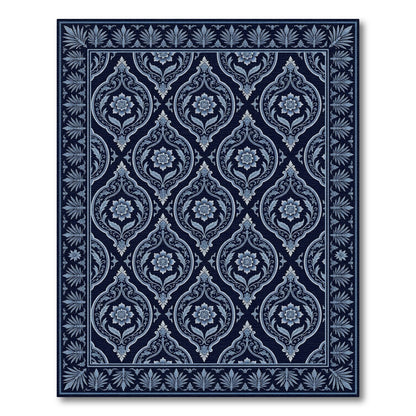 Deep Blue Floral Damask Border Rug