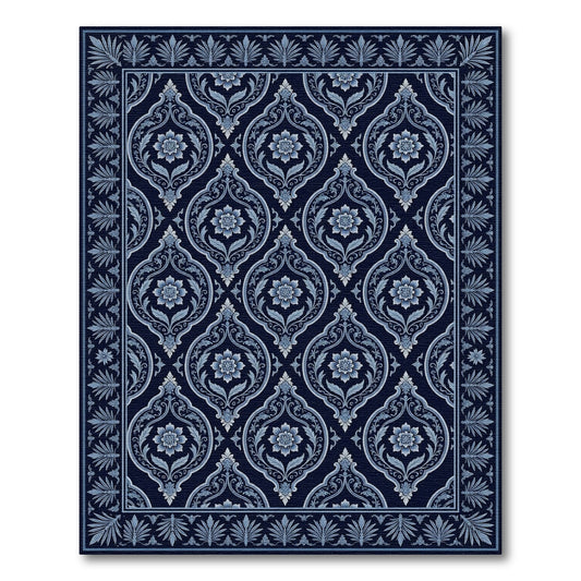 Deep Blue Floral Damask Border Rug