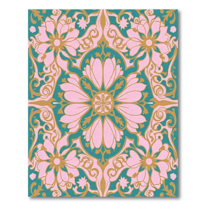 Pink Teal Gold Floral Damask Rug