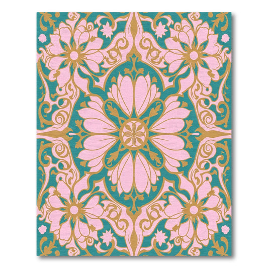 Pink Teal Gold Floral Damask Rug