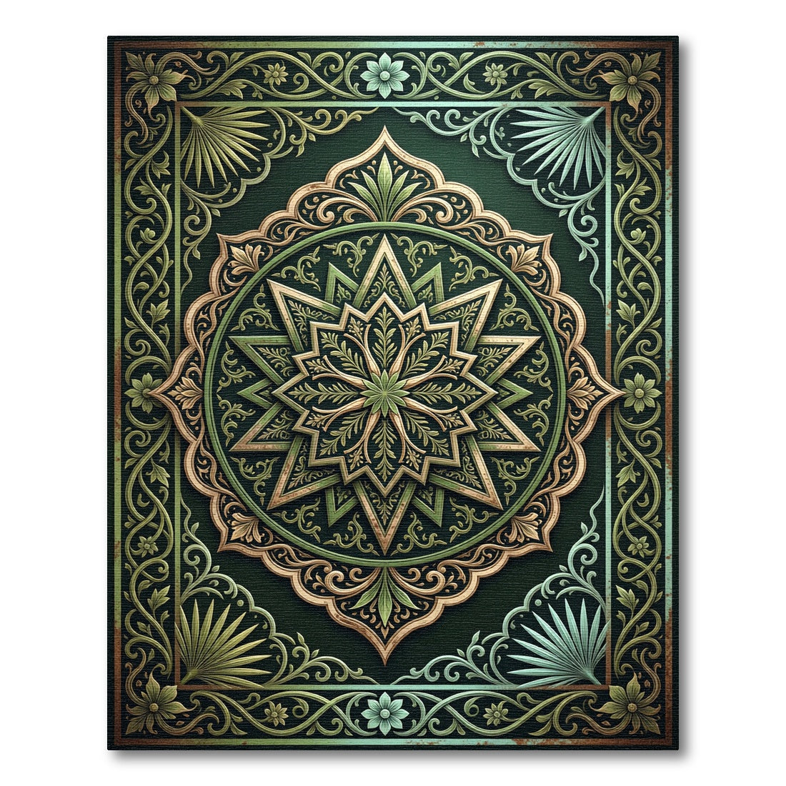 Elegant Green Gold Starburst Medallion Rug