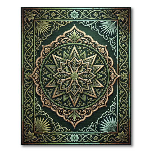 Elegant Green Gold Starburst Medallion Rug