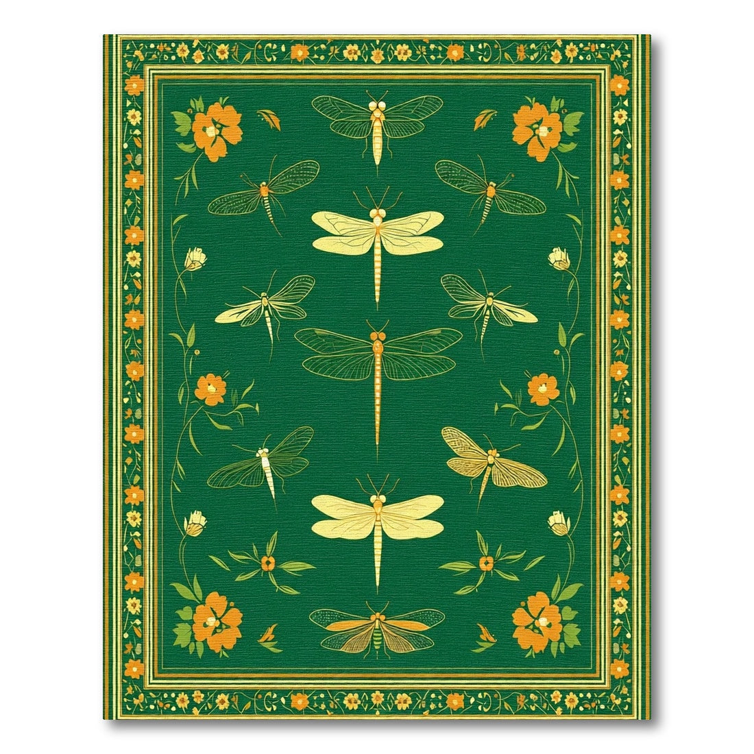 Green Yellow Dragonfly Floral Border Rug