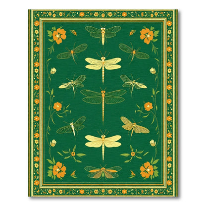 Green Yellow Dragonfly Floral Border Rug