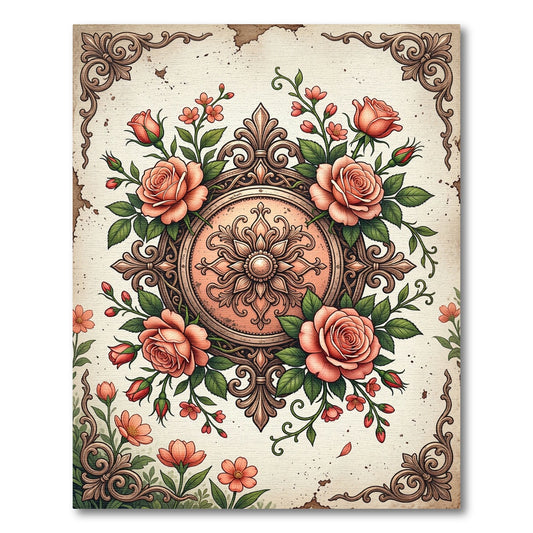 Vintage Coral Rose Garden Medallion Rug