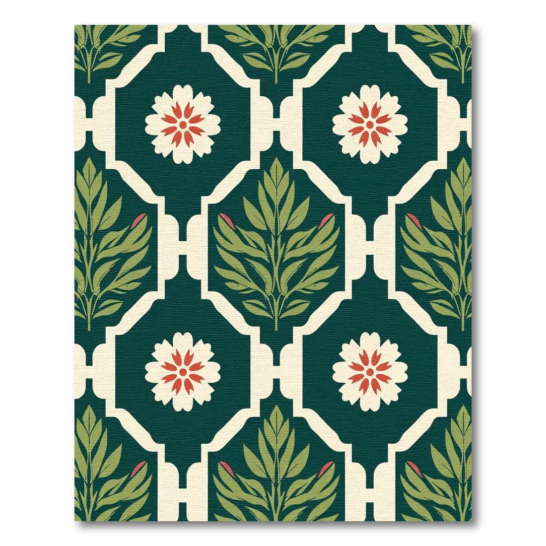 Deep Green Floral Botanical Lattice Rug