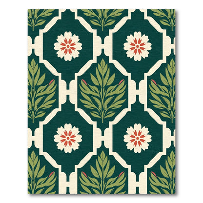 Deep Green Floral Botanical Lattice Rug