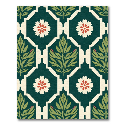 Deep Green Floral Botanical Lattice Rug