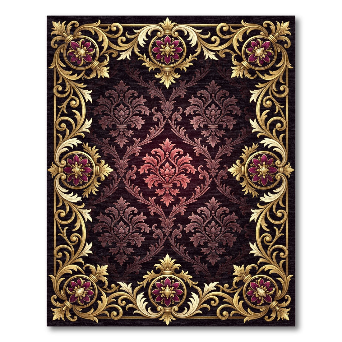 Ornate Gold Vine Flourish Crimson Rug