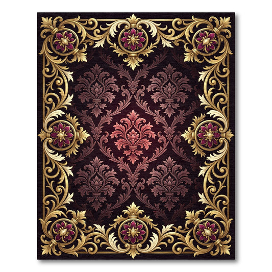 Ornate Gold Vine Flourish Crimson Rug