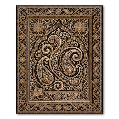 Ornate Gold Paisley Black Border Rug