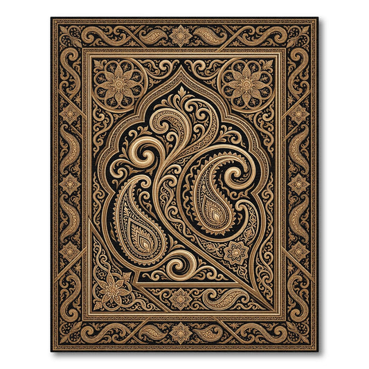 Ornate Gold Paisley Black Border Rug
