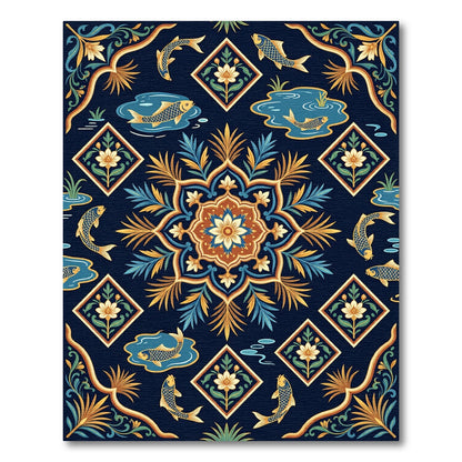 Navy Golden Koi Floral Medallion Rug