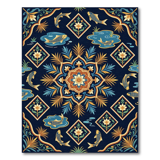 Navy Golden Koi Floral Medallion Rug