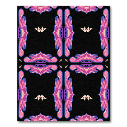 Vibrant Pink Black Floral Tile Rug