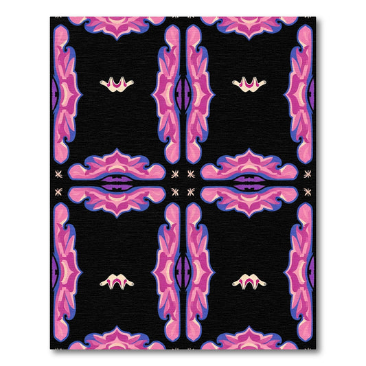 Vibrant Pink Black Floral Tile Rug
