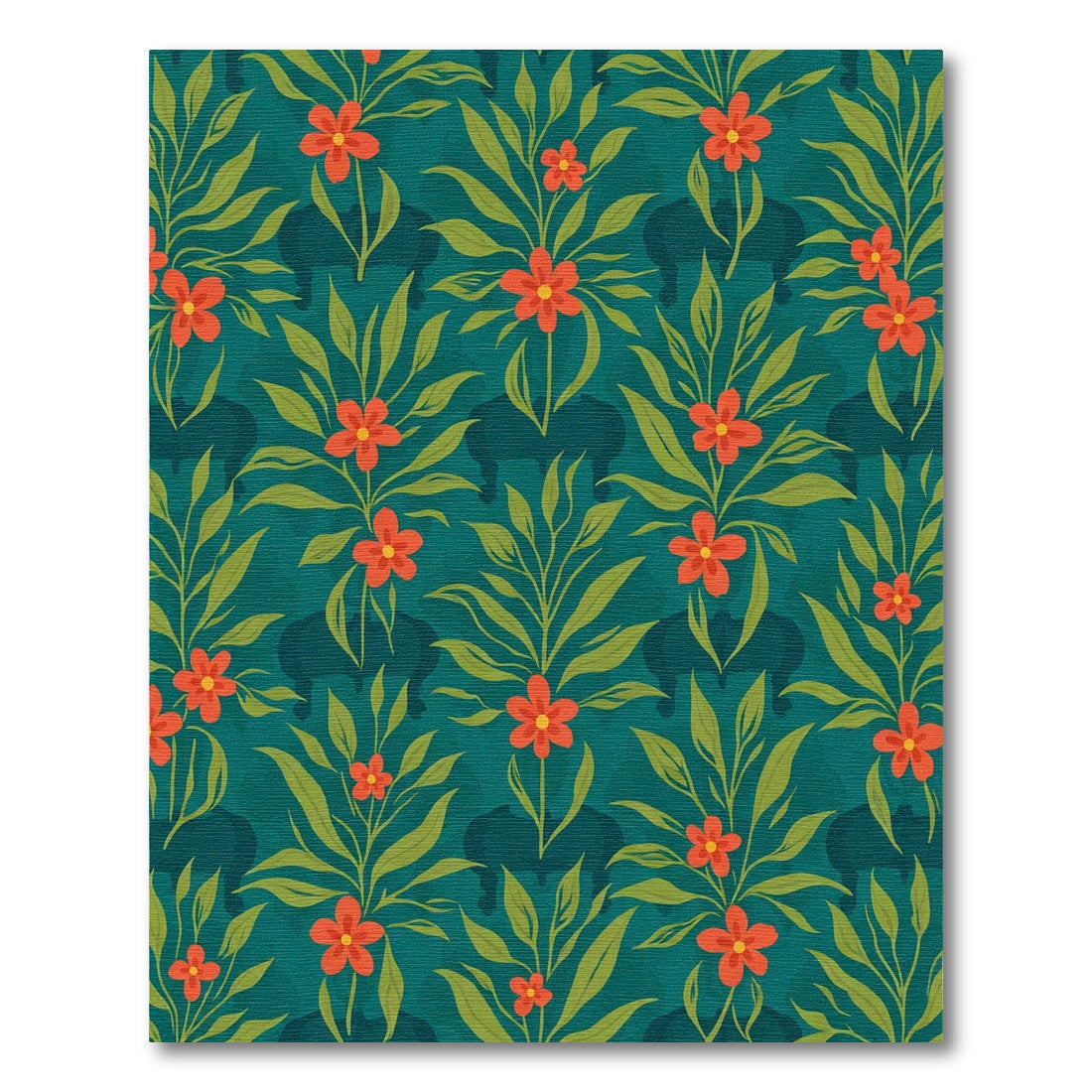 Teal Tropical Floral Elephant Silhouette Rug