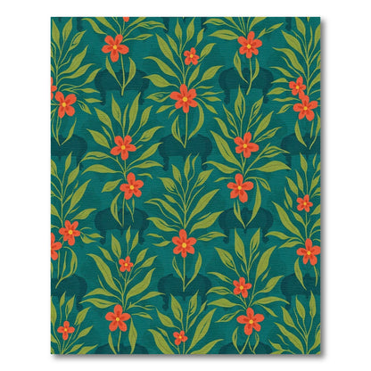 Teal Tropical Floral Elephant Silhouette Rug