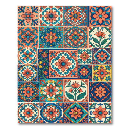 Vibrant Coral Teal Floral Tile Collage Rug