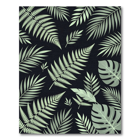 Lush Tropical Foliage on Black Rug