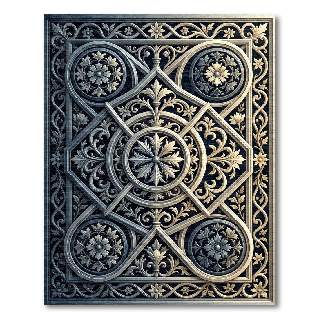 Ornate Gray Floral Square Geometric Rug