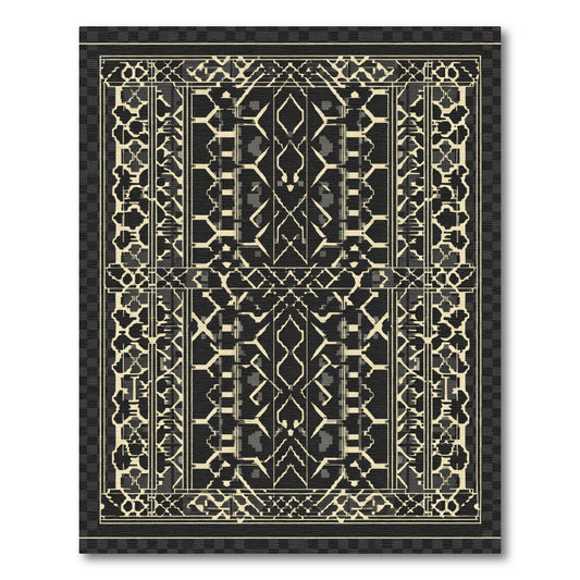 Art Deco Geometric Black Cream Medallion Rug
