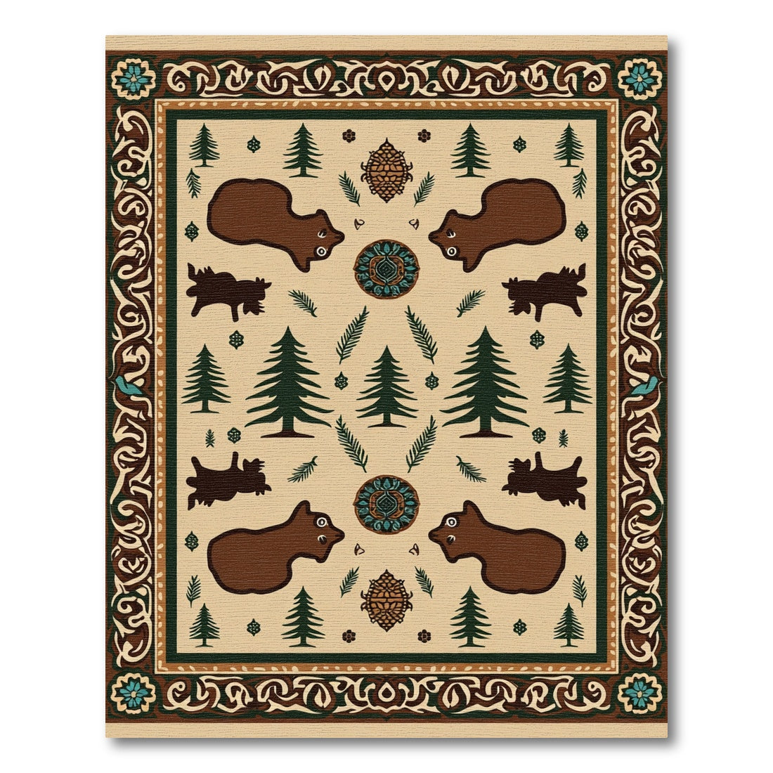 Brown Bear Forest Scene Medallion Rug