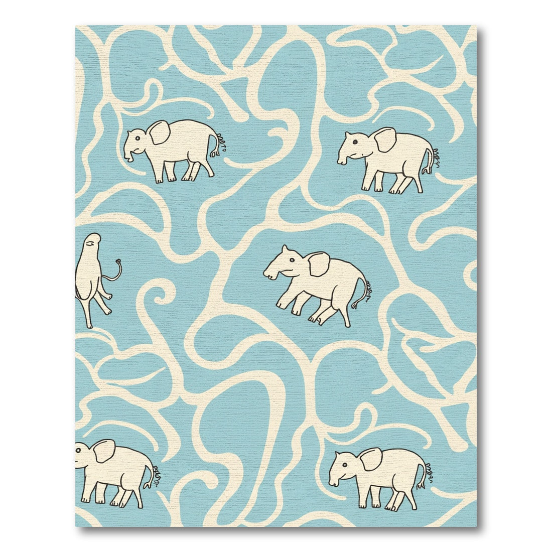 Whimsical Ivory Elephants Blue Swirls Rug