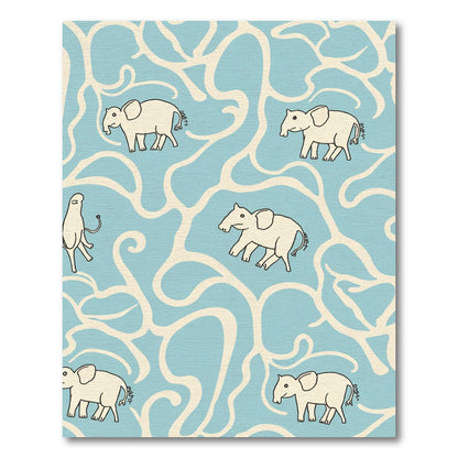 Whimsical Ivory Elephants Blue Swirls Rug