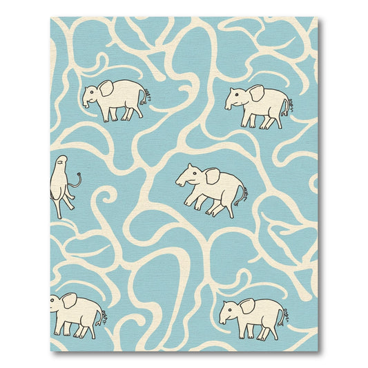 Whimsical Ivory Elephants Blue Swirls Rug