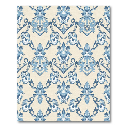 Blue Cream Damask Floral Arrangement Rug
