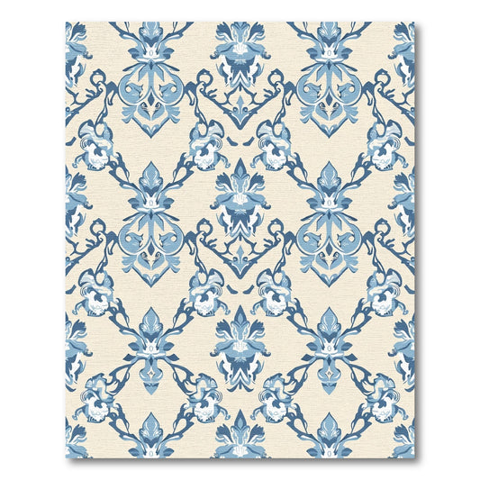 Blue Cream Damask Floral Arrangement Rug
