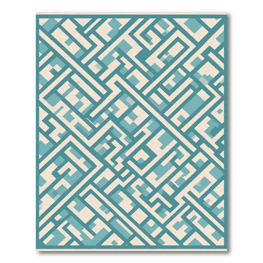 Teal White Geometric Interlocking Labyrinth Rug