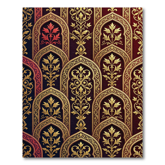 Ornate Gold Archway Red Floral Rug