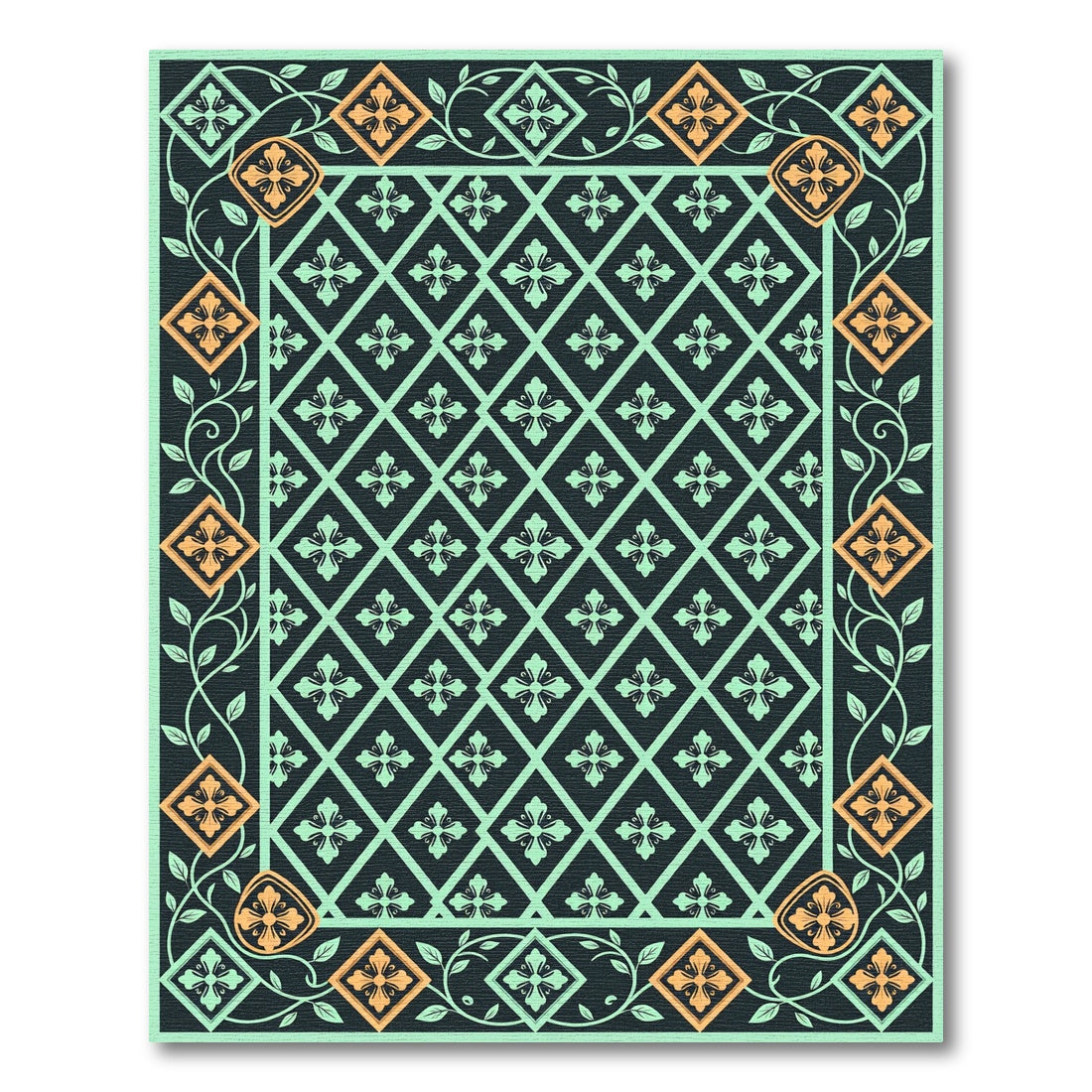 Aquamarine Black Floral Lattice Border Rug