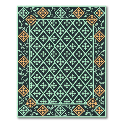 Aquamarine Black Floral Lattice Border Rug
