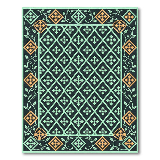 Aquamarine Black Floral Lattice Border Rug