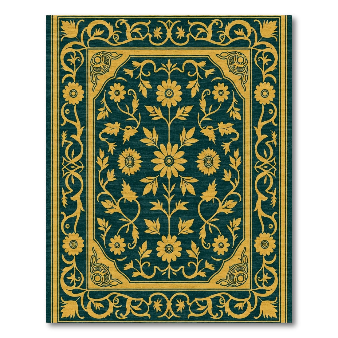 Golden Floral Bordered Deep Teal Rug